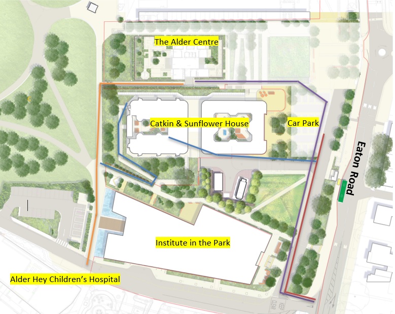 A map showing the different access points to The Alder Centre