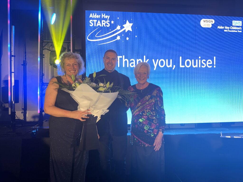 Alder Hey CEO Louise Shepherd pictured with Paddy McGuinness and Dame Jo Williams