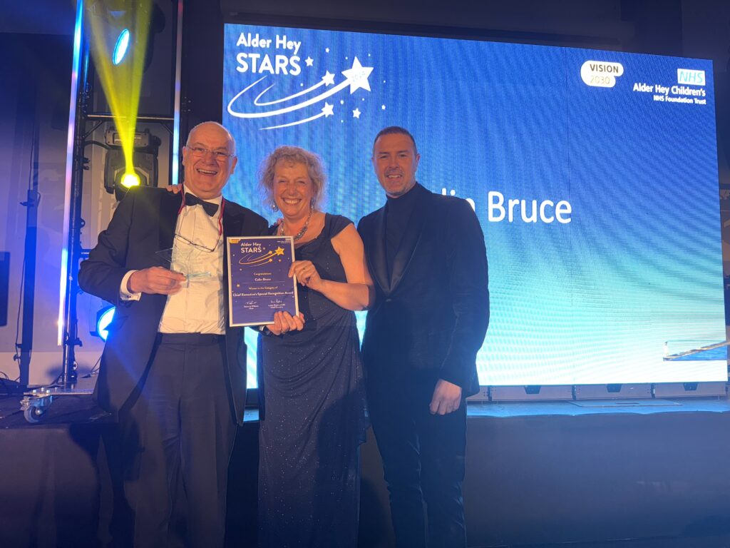 Chief Executive and Chair Award winner Colin Bruce pictured with Paddy McGuinness and Louise Shepherd