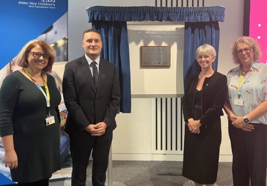 L-R Fiona Ashcroft-CEO-Alder Hey Children's Charity-SOS Wes Streeting-Louise-Kenny-Executive-Pro-Vice-Chancellor-UoL-Louise Shepherd-Alder Hey-Chief Executive